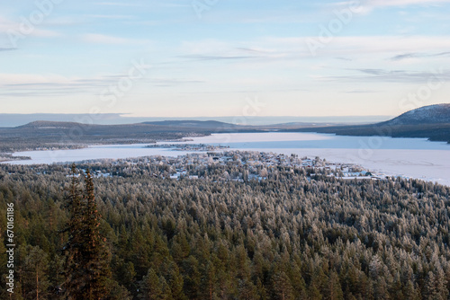 Winter landscape of the town of Jukkasjarvi, Sweden. Situated in the north of Sweden in Kiruna municipality.
