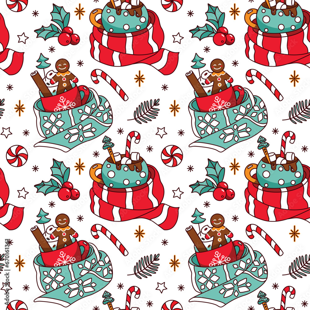 Christmas cocoa with marshmallow and gingerbread man. Seamless pattern. Vector.