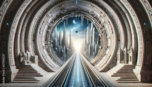 3D illustration of a tunnel where the entrance is styled as an ancient archway and the exit reveals a futuristic metropolis. Traveling through the tunnel symbolizes the journey of a Paradigm Shift.