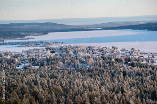 Winter landscape of the town of Jukkasjarvi, Sweden. Situated in the north of Sweden in Kiruna municipality.