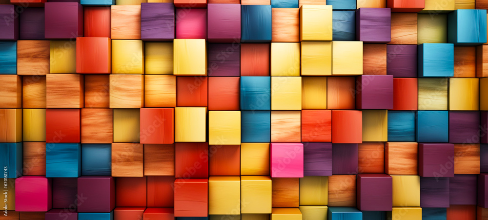Colorful wooden cubes. Cubes random pattern,  Abstract art wooden cubes background, For art texture, presentation design or web design and web background. Generative AI.