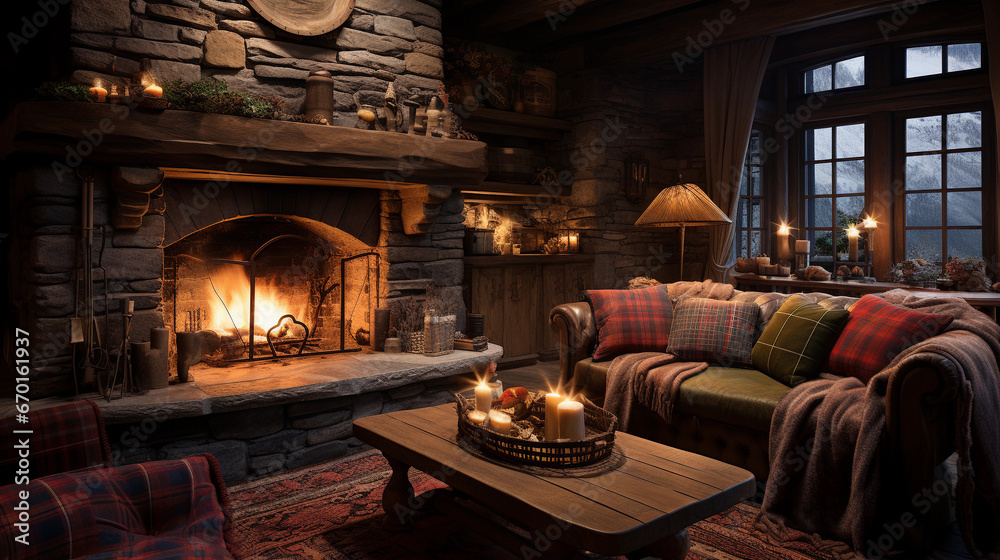A cozy log cabin interior, featuring a stone fireplace, rustic wooden beams, and plaid blankets