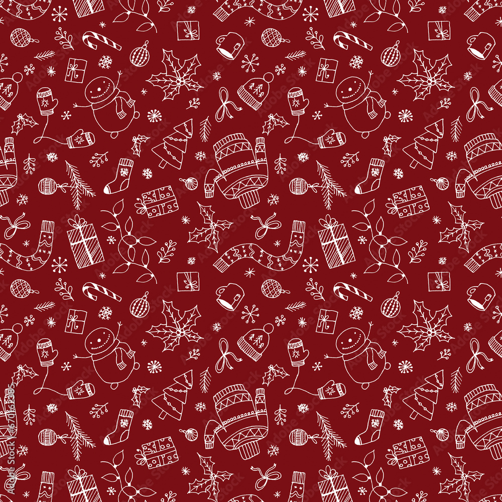 Naklejka premium Black simple doodle hand drawn christmas illustrations red background.Print xmas,new year party wrapper,cards,invitations,design