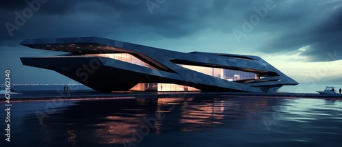 Science fiction black modern building situated on the sea