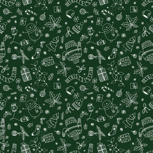 White,red simple doodle hand drawn christmas illustrations  green background.Print xmas,new year party wrapper,cards,invitations,design