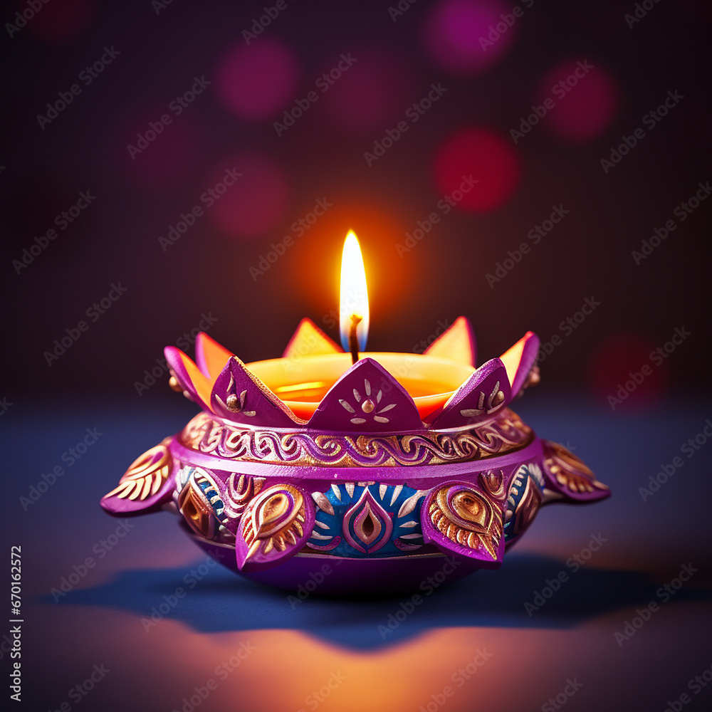 Happy Diwali - Clay Diya lamps lit during Diwali, Hindu festival of lights celebration. Colorful traditional oil lamp diya on blue background Happy Diwali - Clay Diya lamps lit during Diwali, Hindu festival of lights celebration. Colorful traditional oil lamp diya on blue background