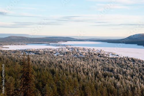 Winter landscape of the town of Jukkasjarvi, Sweden. Situated in the north of Sweden in Kiruna municipality.