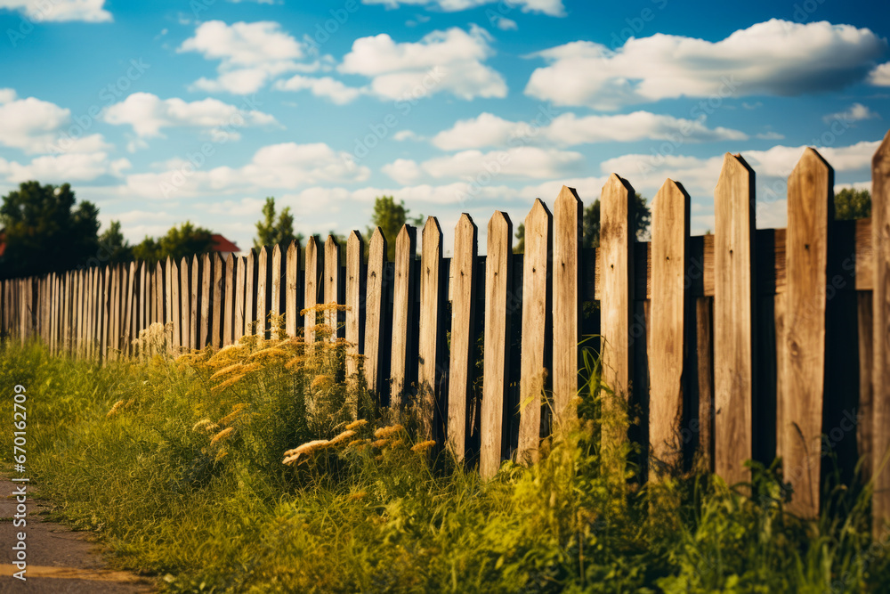 Wooden fence with tall grass and bushes around it and house in the background.
