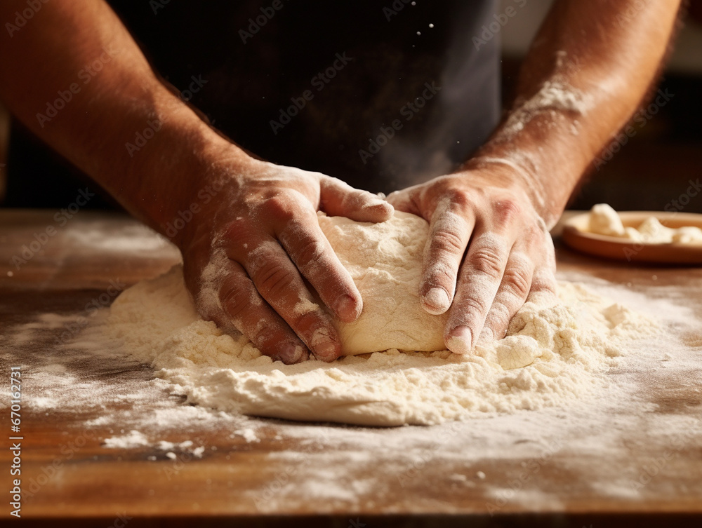 A baker is attentively kneading the dough, skillfully working it with both hands, close-up of hands