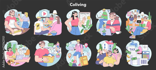 Co-living night or dark mode set. Friends or roommates living together. Characters hang out in dormitory or student apartmen. Joint living and recreation in friends company. Flat vector illustration.