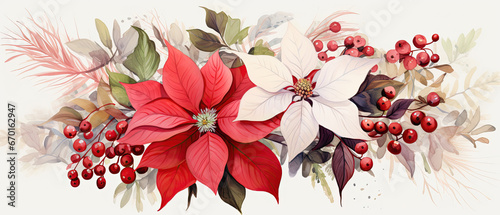  fondo de ramo de flores de pascua rojas y blancas con plantas de acebo
