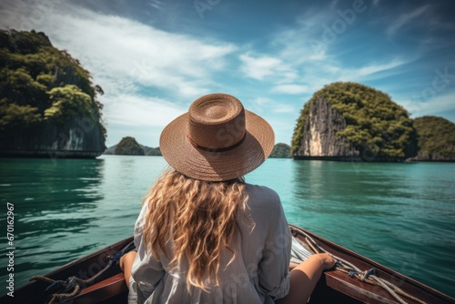 Woman traveling sitting boat with island view © OLKS_AI