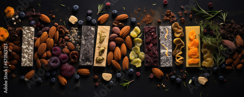 Various of muesli fit bars on black background.