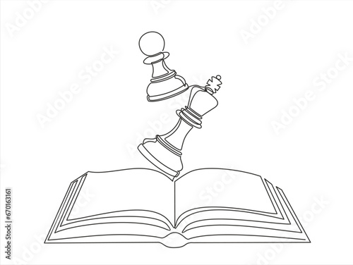 Open book and chess, continuous line vector illustration. one line vector drawing of a book and a chess. Black and white hand drawn image.