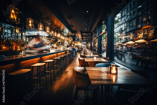 Elegant modern bar with a bustling city view, glowing lights, and a dynamic bartender serving drinks.