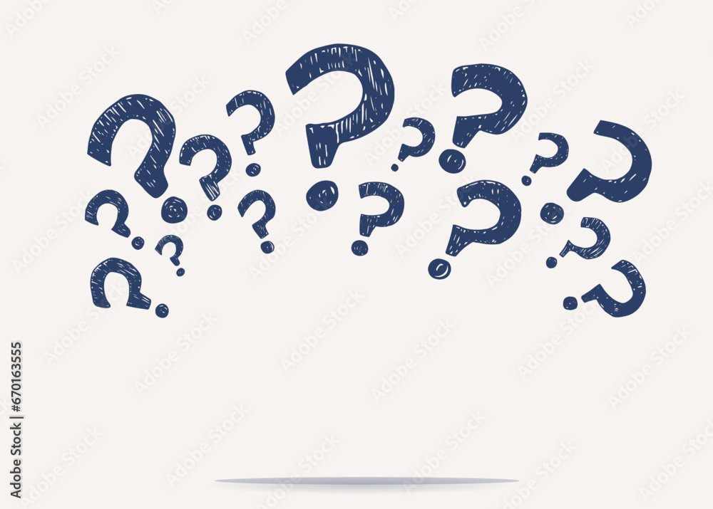 Question mark symbol sign hand draw doodle style arranged in semicircle banner copy space. Questionnaire wallpaper. Choice or problem or question or doubt or interrogation concept. Faq - obrazy, fototapety, plakaty 