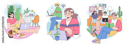 Co-living set. Friends or roommates living together. Characters hang out in dormitory or student apartment. Joint living and recreation in friends company. Flat vector illustration.