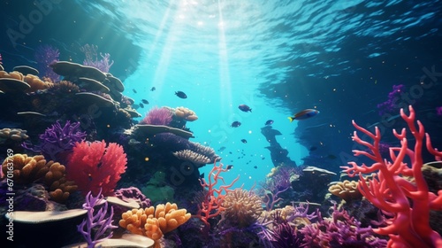 A mesmerizing underwater world with Velvet Violet coral reefs, exotic fish, and crystal-clear waters.