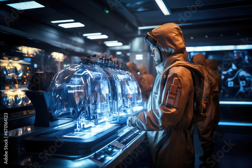 A scientist in protective gear interacts with a futuristic console, surrounded by glowing technology in a modern laboratory.