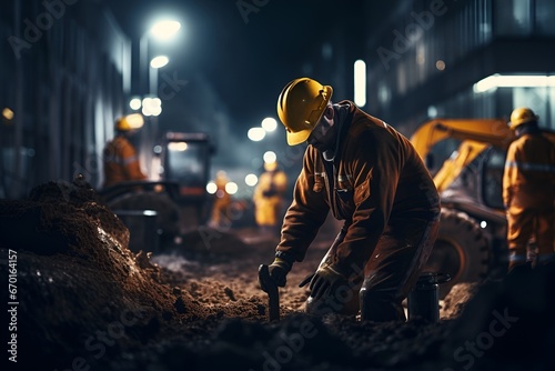 Construction workers clear away rubble at night