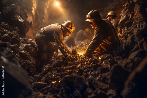 Miners working with pickaxes and group in a mine