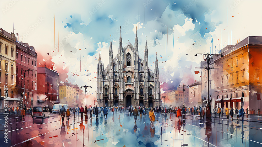 Naklejka premium Watercolor painting of Milan