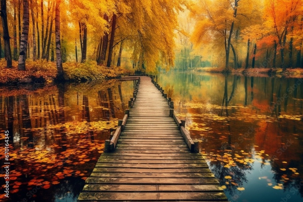 Wooden pier by river with autumn forest. Generative AI - obrazy, fototapety, plakaty 