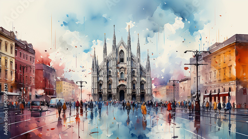 Fényképezés Watercolor painting of Milan