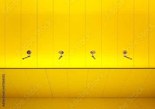 Faucets On Yellow Wall In Washroom Of Modern Biomedical Research photo