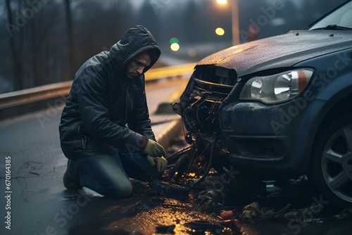 Man stands and fixes a broken car on the side of the road © GeorgeAI