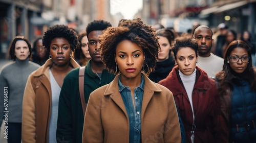 Large group of people standing in the street with focus on a black woman looking at camera generative ai.