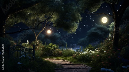 A moonlit garden filled with Myrtle bushes, their leaves shimmering with a hint of magic. © Anmol