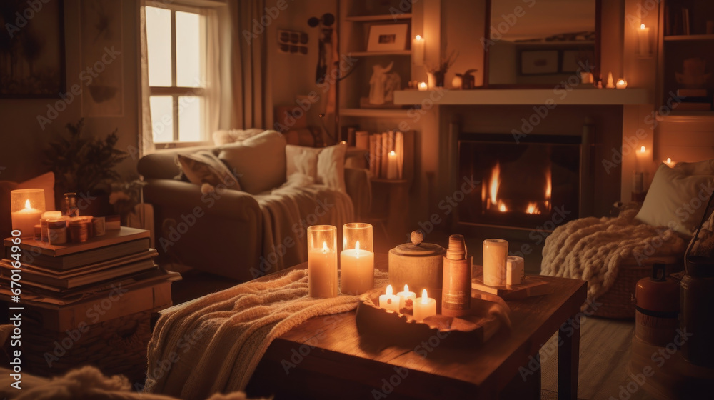 Warm-toned comfy living room Created with Generative AI Technology