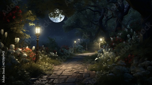 A moonlit garden filled with Myrtle bushes, their leaves shimmering with a hint of magic. photo