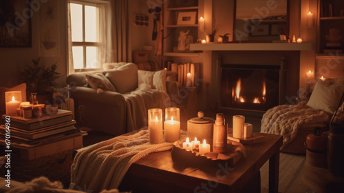 Warm-toned comfy living room Created with Generative AI Technology