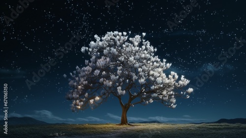 A Moonlit Magnolia tree standing tall against a starry night sky. © Anmol