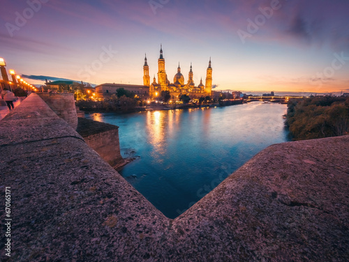 Illuminated Basilica Of Nuestra Senora del Pilar photo