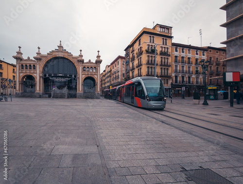 Tram Passing By Zaragoza Market Building photo