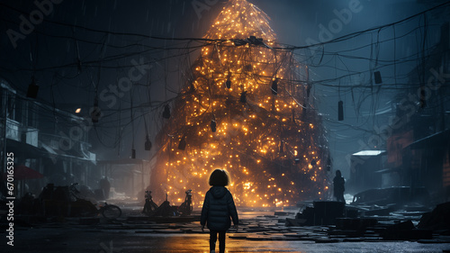 A lonely child standing in front of a big Christmas tree which is created from useless stuff in poor neighborhood. Huge Christmas Tree in the middle of empty street. Back view of a child photo