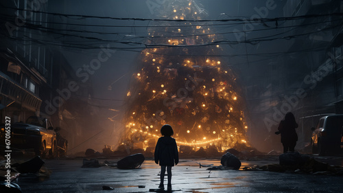 A lonely child standing in front of a big Christmas tree which is created from useless stuff in poor neighborhood. Huge Christmas Tree in the middle of empty street. Back view of a child photo
