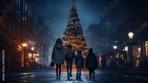 Children walking to the Christmas tree in the cozy beautiful city with lights. Magical tree in the middle of the walking park. Lots of children.Back view.