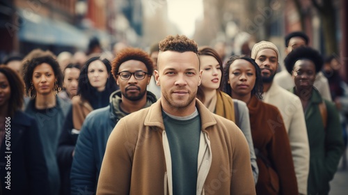 Large group of people standing in the street with focus on a white man looking at camera generative ai.