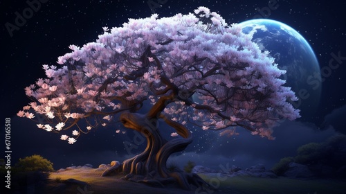 A Moonstone Magnolia tree in full bloom under the soft moonlight.