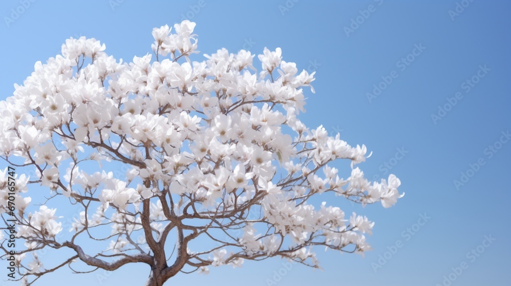 A Moonstone Magnolia tree with its beautiful white blossoms against a clear blue sky.