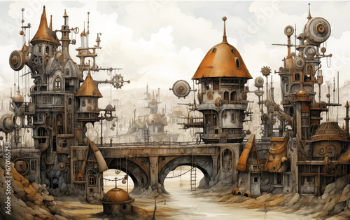 Steampunk Village Fantasy Art, game concept, concept art