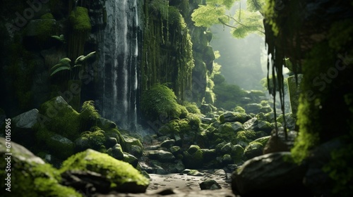 A Moonstone Mallow waterfall cascading down a moss-covered cliff in the heart of an ancient forest.