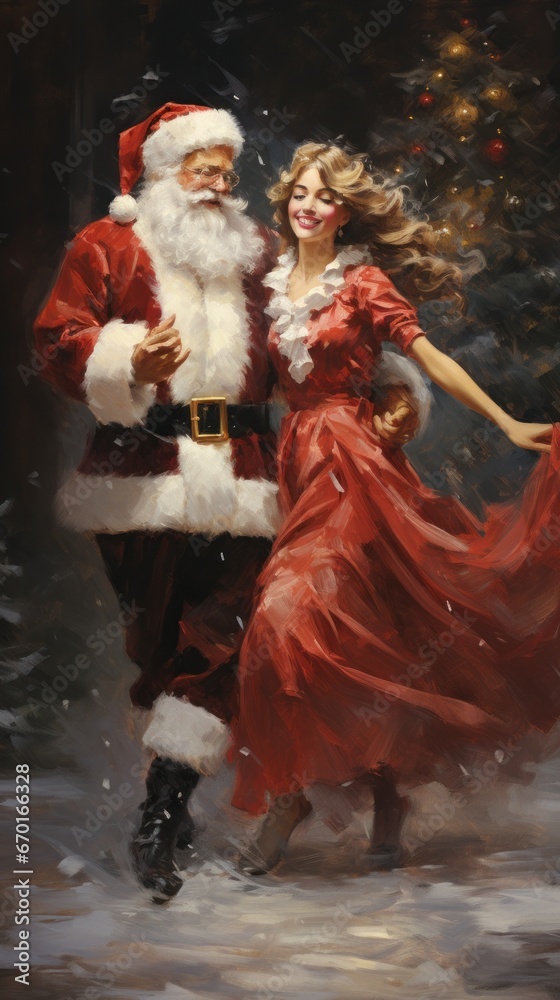 Santa Claus dancing joyfully with a woman in red, celebrating the festive season.