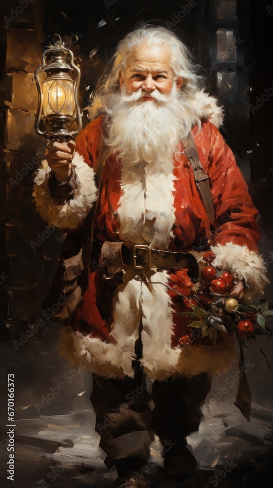Santa holding a vintage lantern, stepping through a snowy night with a bag of gifts.
