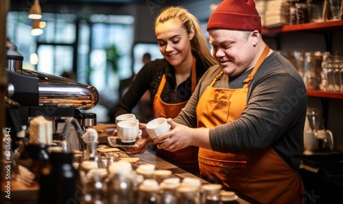 Empowering Café Experience: Young Man with Down Syndrome Making Coffee
