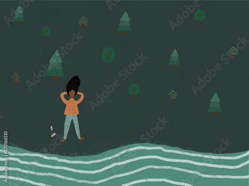 Illustration of woman by shoreline with trees photo